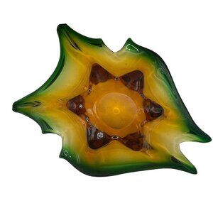VTG Art Glass Bowl Ashtray Candy Dish Amber And Green Emerald Murano MCM